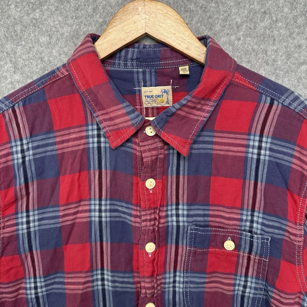 True Grit Mens Large Red Navy Blue Plaid Short Sleeve Cotton Button Down Shirt